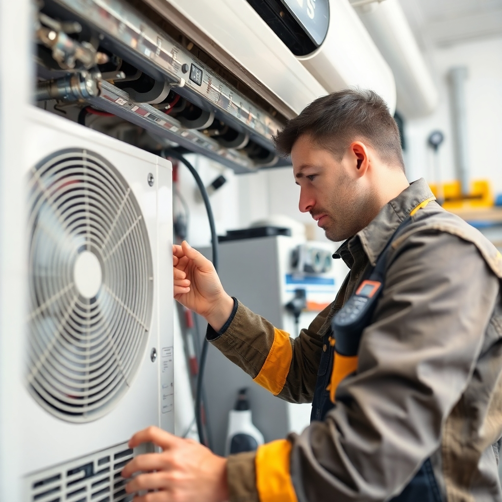 Capture a reliable HVAC repair scene with a technician efficiently diagnosing an air conditioning unit. Focus on the technician's expertise; the background should feature tools and equipment organized for a professional job environment. The lighting should be bright and clear, emphasizing the seriousness of the task. Create a detailed photorealistic image for clarity and impact.