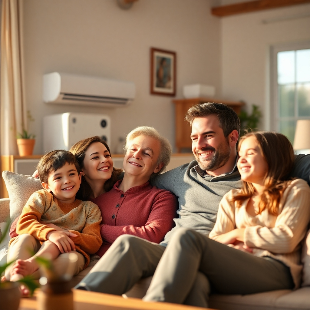 Create a comforting image of a family enjoying a peaceful living space, with air quality control devices smartly integrated in the background. Focus on the family's interactions, suggesting harmony and well-being. Soft natural lighting should illuminate their smiles, creating a relaxed scene that reflects healthy air quality and comfort in the home.