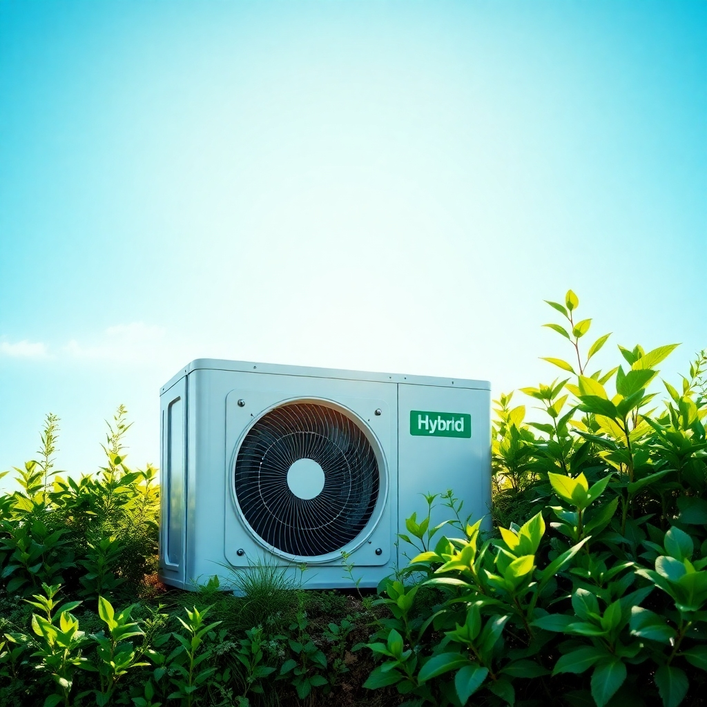 Create an artistic representation of eco-friendly HVAC systems juxtaposed with nature. Feature a hybrid heat pump surrounded by greenery, under clear blue skies. The image should highlight the harmony between technology and the environment, using vibrant greens and earth colors to symbolize sustainability. Capture this scene beautifully in high resolution.