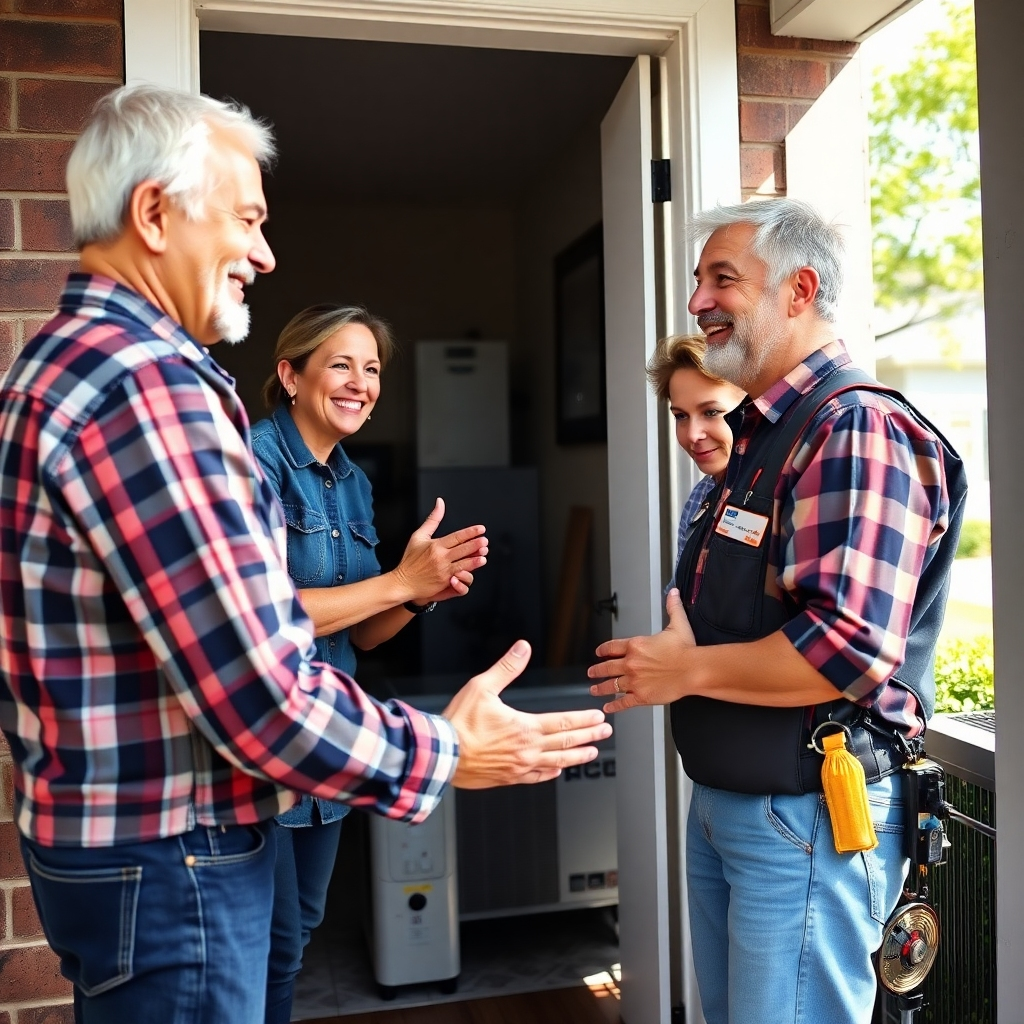 Create an engaging image of satisfied homeowners warmly thanking an HVAC technician at their front door, with the installation equipment visible in the background. The composition should feature smiling faces and a sunny day outside, reinforcing a sense of community and satisfaction. The camera angle should be at eye level, capturing the warmth of the exchange. Aim for a vibrant, photorealistic look in high quality.