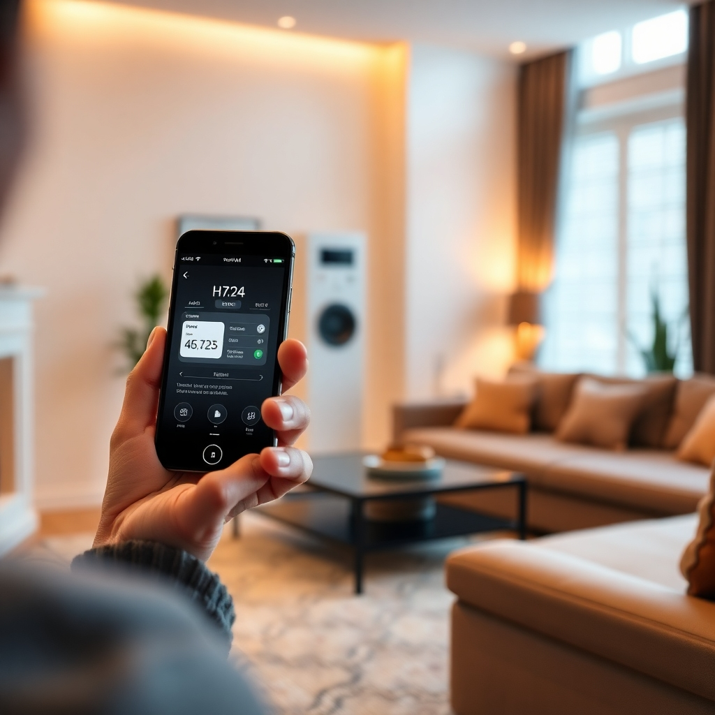 Design an interactive scene showcasing a homeowner using a smartphone to control their HVAC system displayed on the screen. The setting should be a chic living room, with the HVAC unit subtly in view. Warm ambient lighting should create a sense of technology integration, symbolizing modern living. The image should be inviting and rendered in photorealistic quality.