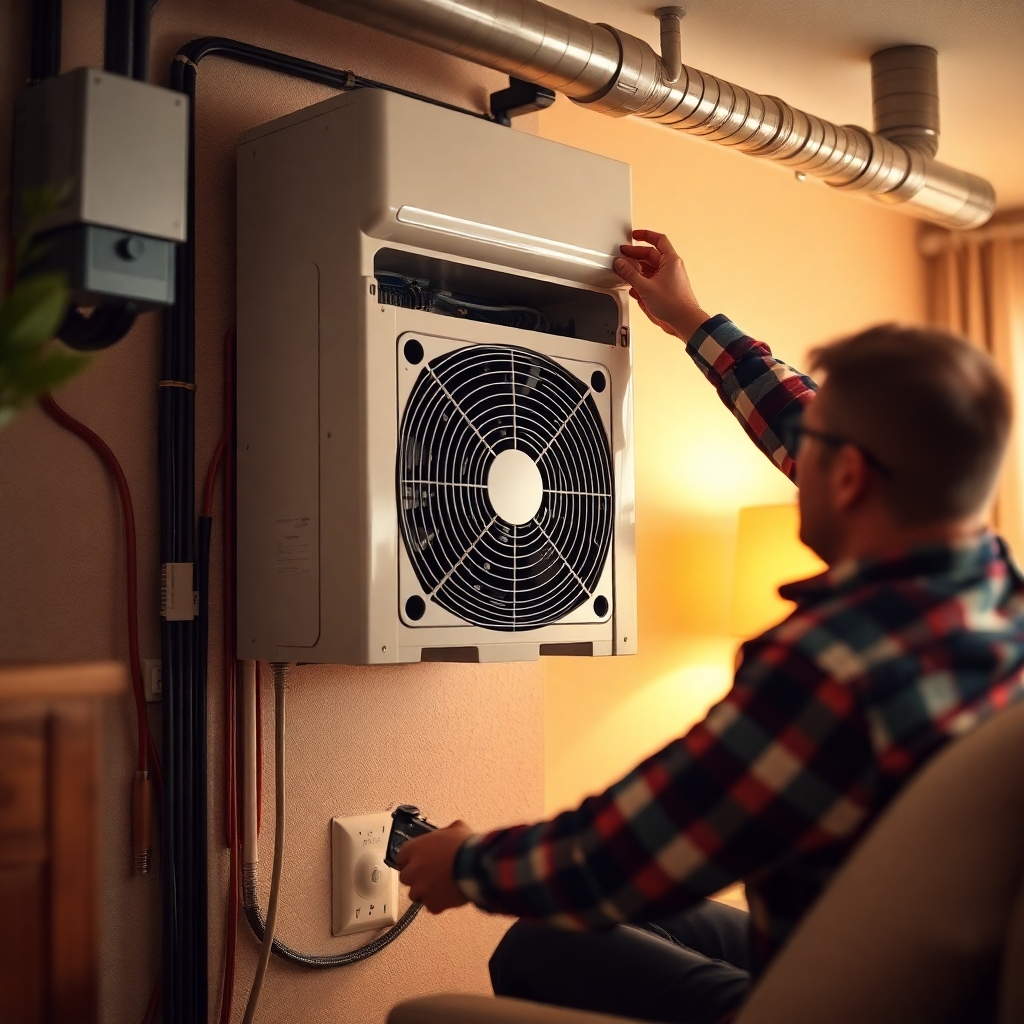 Envision a closed-up installation scene where an HVAC technician expertly sets up a modern heating system in a living room. The image should capture intricate details of the equipment and the precision of the technician's work, with warm light illuminating the space. Use a perspective that emphasizes the coziness of the home while showcasing the heating unit clearly.