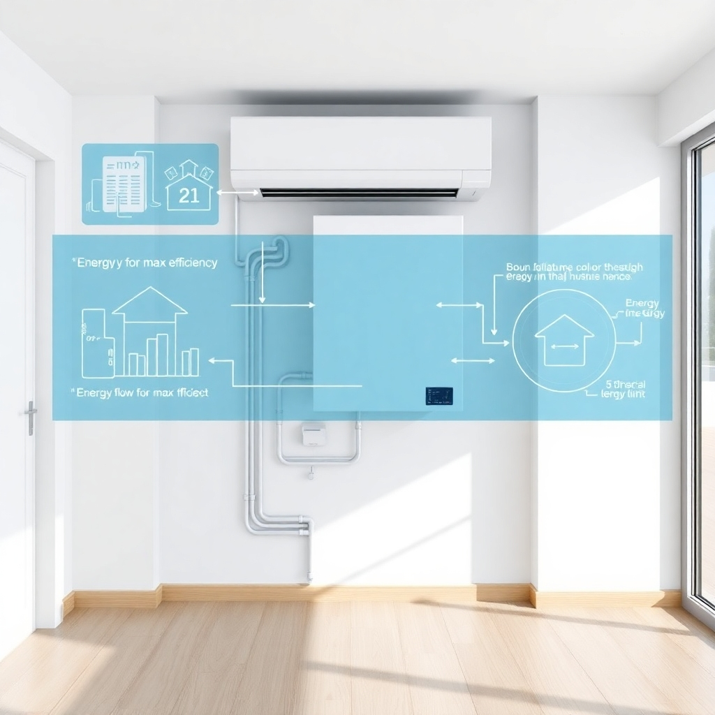 Envision a sleek, modern HVAC system installed in a contemporary home, with diagrams overlaying the image showing energy flow for max efficiency. The styling should be minimalistic with a cool color palette of whites and blues reflecting the technology's efficiency. The lighting should be natural and bright, focusing on clarity and modernity. This image should be rendered in high quality.