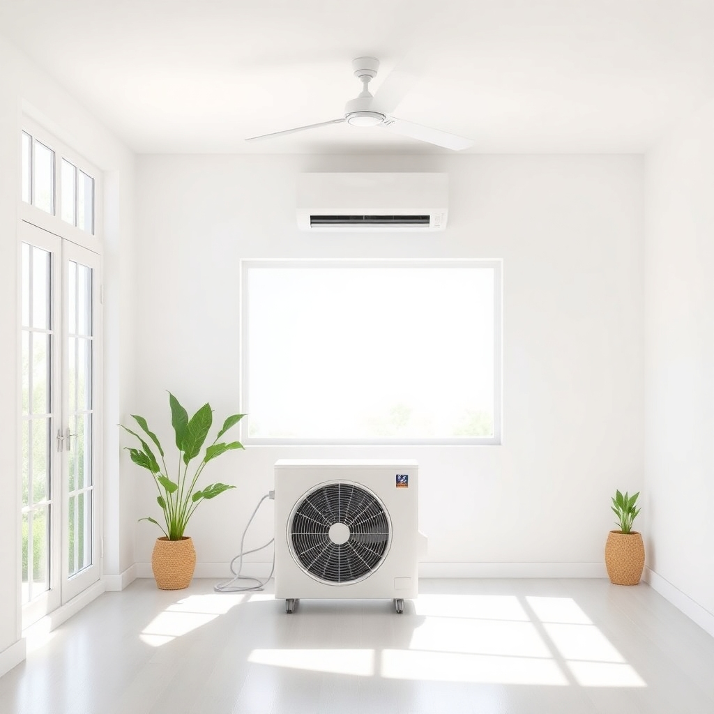 Showcase a bright and airy room featuring a newly installed air conditioning unit. The image should reflect a refreshing atmosphere, with sunlight streaming through windows, emphasizing the viability of a cooling solution. Utilize a clean and modern design aesthetic in the visualization, presenting the HVAC unit as a centerpiece in the room while ensuring the overall feel is one of comfort and relaxation.