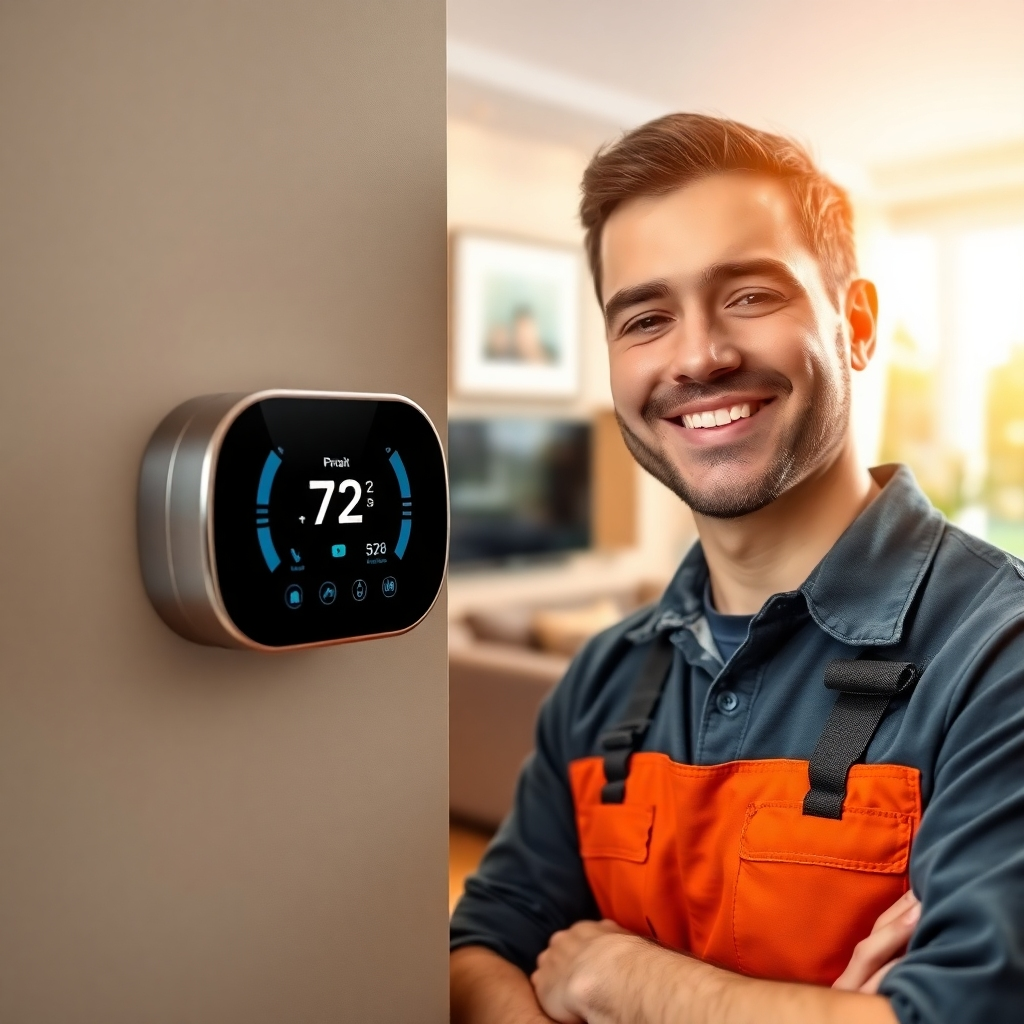 Visualize a close-up of a dedicated HVAC technician smiling confidently next to a state-of-the-art thermostat. The background should showcase a beautifully furnished living room reflecting a cozy atmosphere. The scene should be well-lit, highlighting the modern technology. Use a color palette with warm tones and natural light to enhance the feeling of comfort. This photorealistic image should be in 4K resolution.