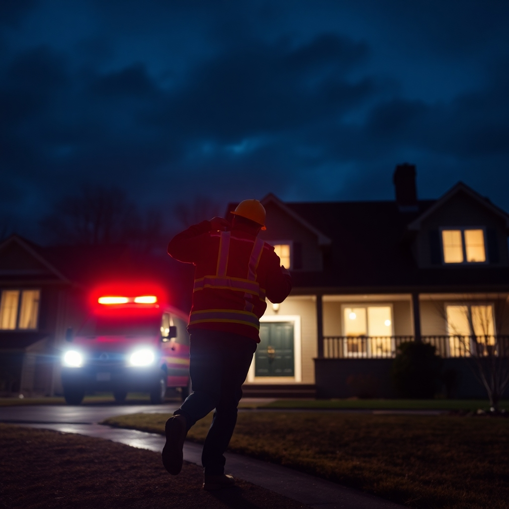 Visualize an urgent situation with an HVAC technician responding to an emergency call at night. The scene should reflect urgency, with flashing lights and the technician swiftly approaching a home. The background should contrast dark skies and illuminated home windows, showcasing professionalism and reliability during crises. Aim for a dramatic yet photorealistic capture.